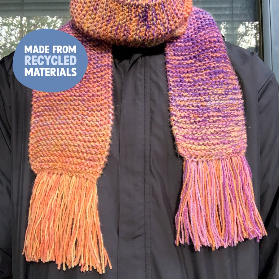 Scarf, Knitted up-cycled lavender sunset multicolour tasseled scarf