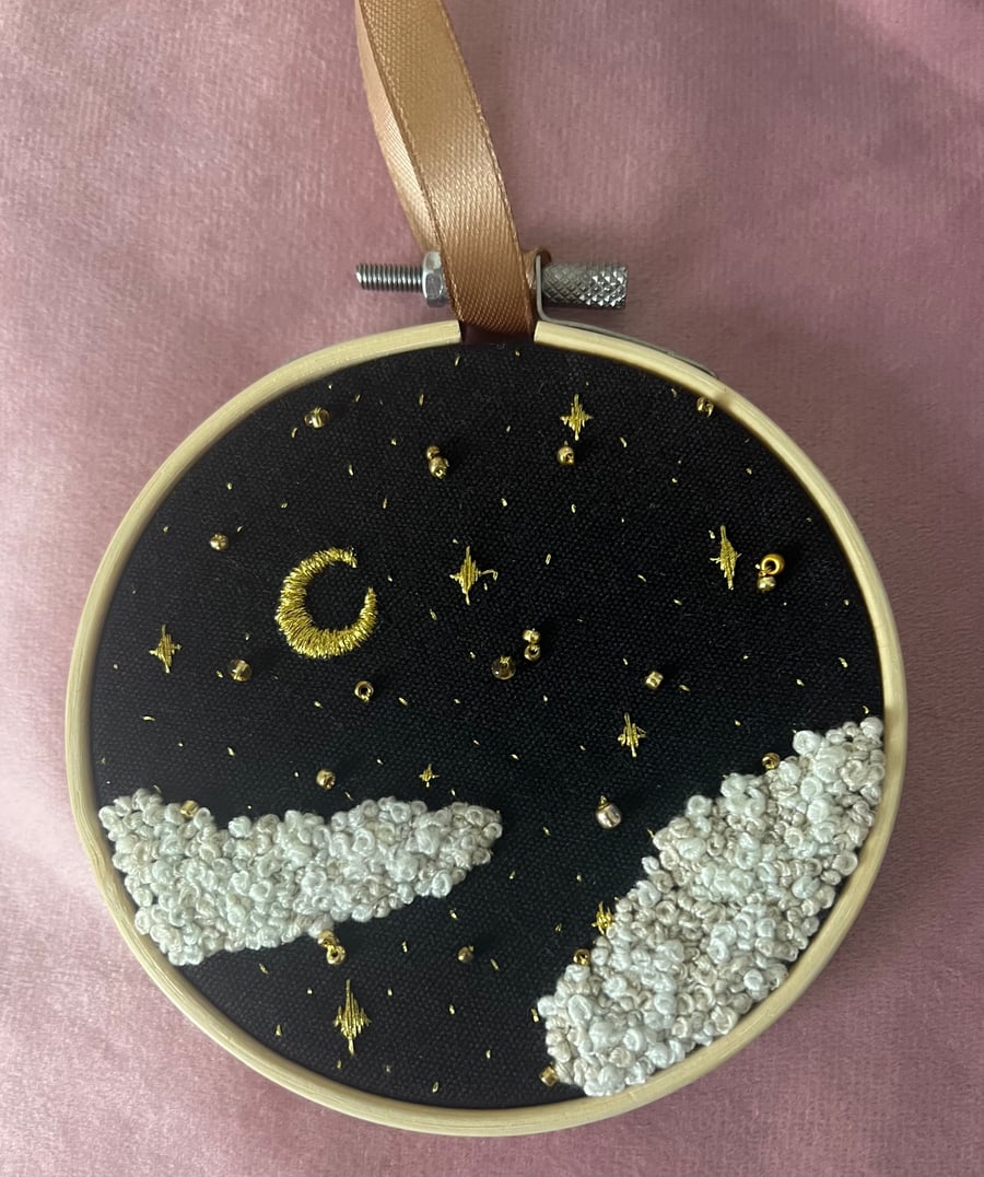 Gold moon, stars and clouds hand embroidered ring