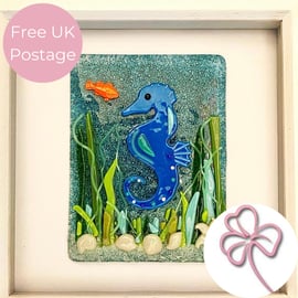 “Underwater Seahorse World” Framed Fused Glass Scene