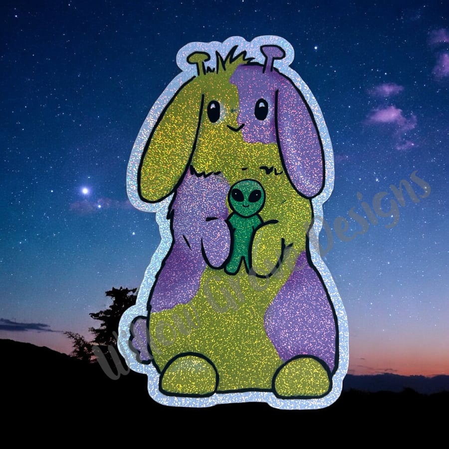 Glittery holo alien bunny sticker large