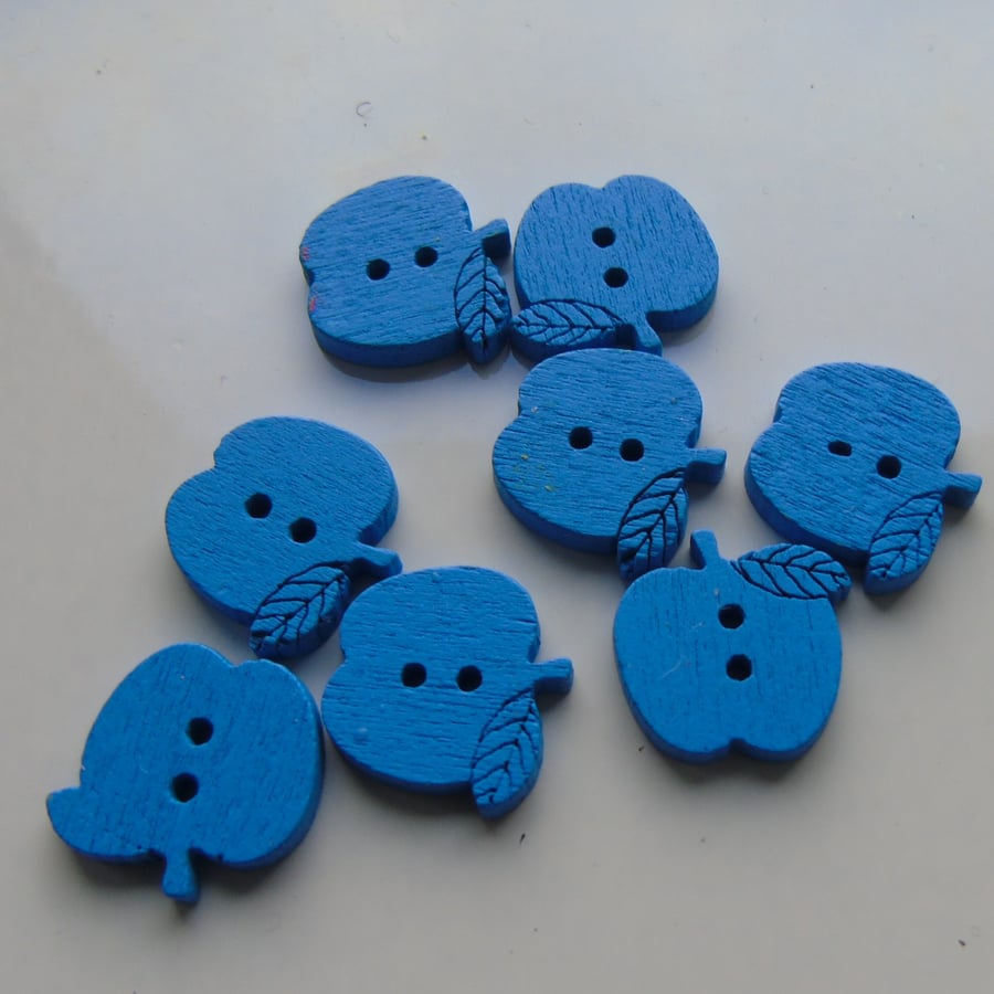 8 blue wooden apple buttons - 1.5 cms across - 2 holes