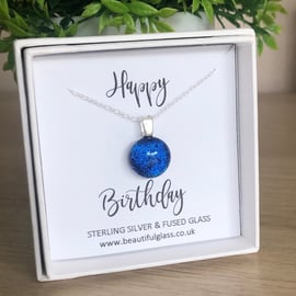 Happy Birthday quote necklace, dichroic fused glass, sterling silver gift 