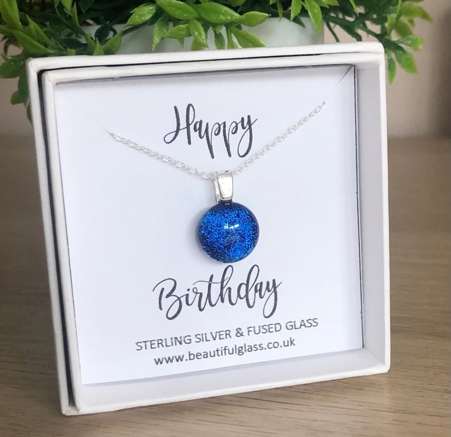 Happy Birthday quote necklace, dichroic fused glass, sterling silver gift 