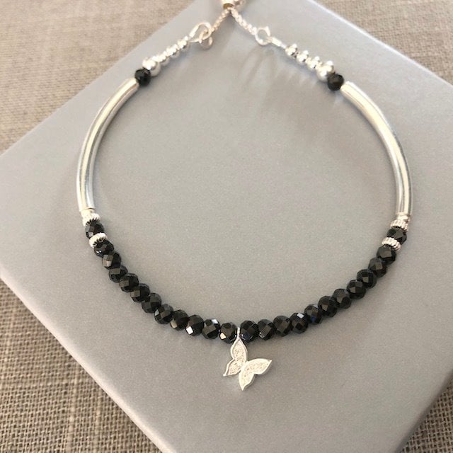 Sterling Silver Black Spinel Bracelet Butterfly Charm Bracelet with Slider Clasp