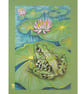 Green Frog on a Lily pad, original drawing, small wall art, frog artwork 