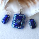 Dichroic Glass 098 Pendant Earring Set Navy Florentine with Silver Plated Chain