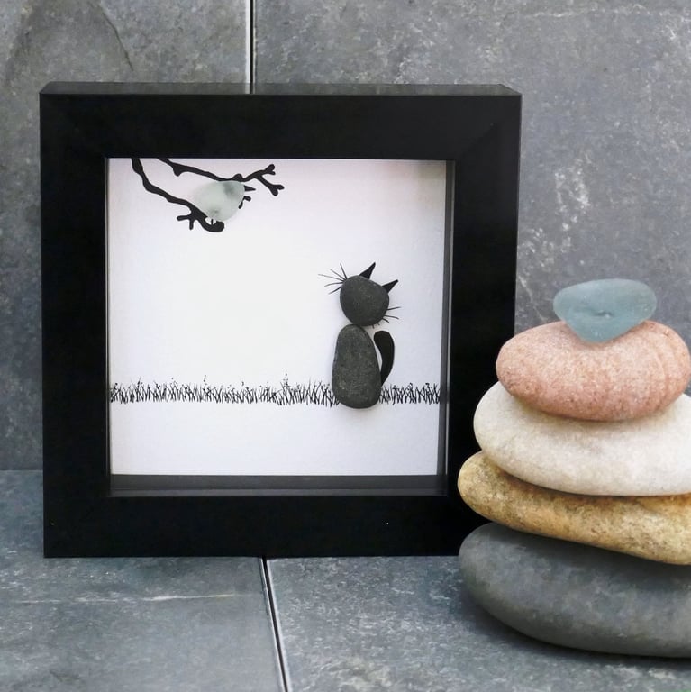 Whimsical Pebble Cat and Bird Art: Framed Picture - Unique Gift for Animal Lover