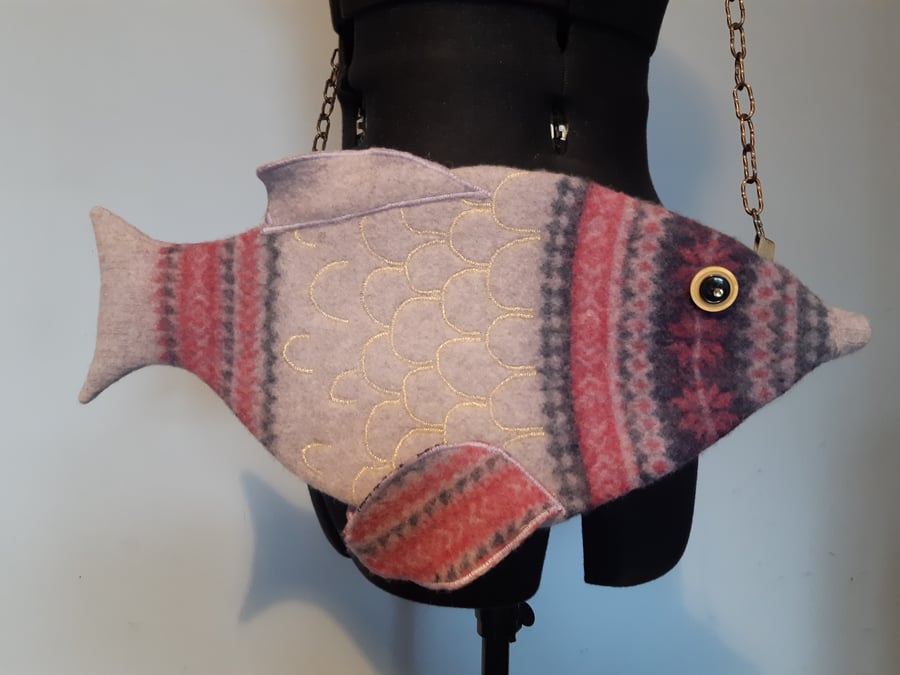 Upcycled jumper fish bag - pink purple handbag crossbody bag, kids or grown ups!