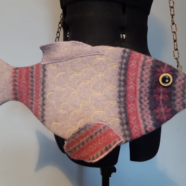 Upcycled jumper fish bag - pink purple handbag crossbody bag, kids or grown ups!