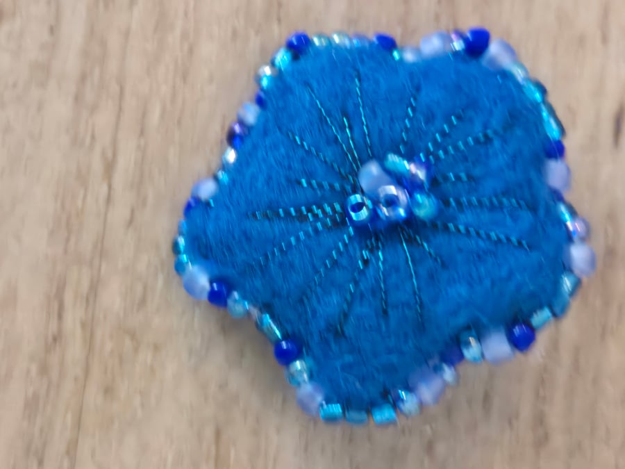 Needle felted brooch, seed bead brooch, blue brooch