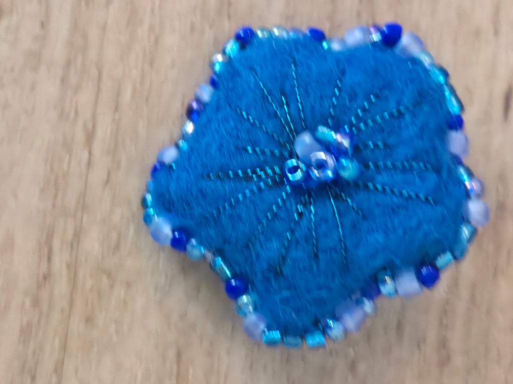 Needle felted brooch, seed bead brooch, blue brooch