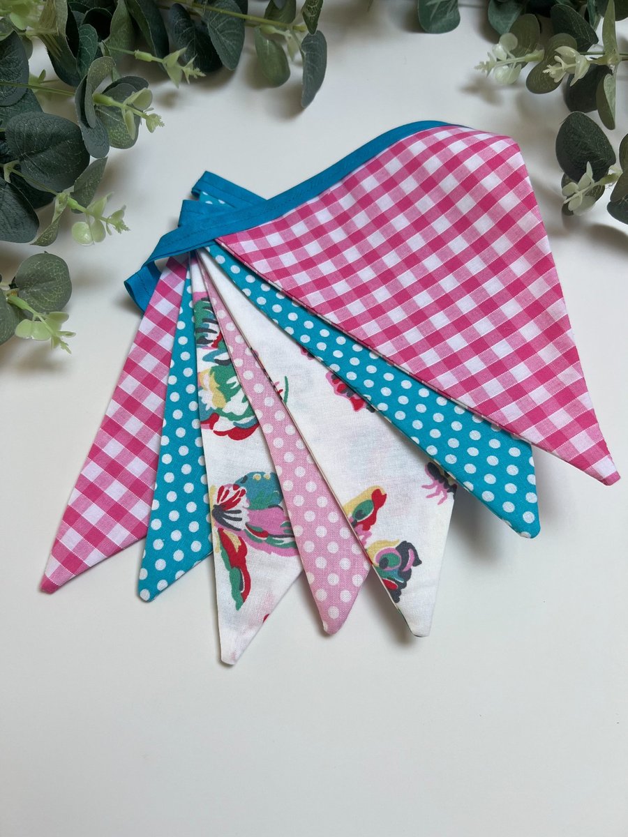 Handmade Fabric Bunting 7 Flags Butterfly, Gingham & Polka Dots