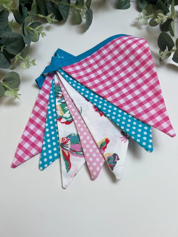 Handmade Fabric Bunting 7 Flags Butterfly, Gingham & Polka Dots