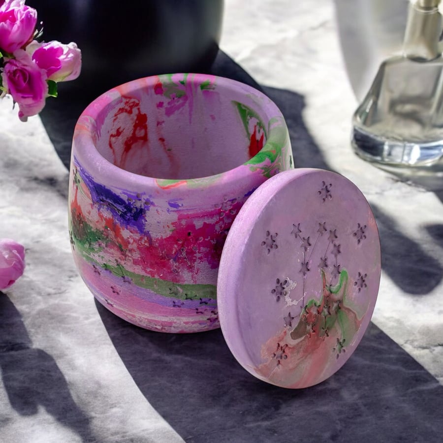 Northern Lights Jewellery Box - Purple Green Red and Pink Star Adorned Pot stp2