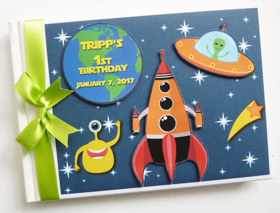 Outer Space boys birthday guest book, spaceship, astronaut guest book
