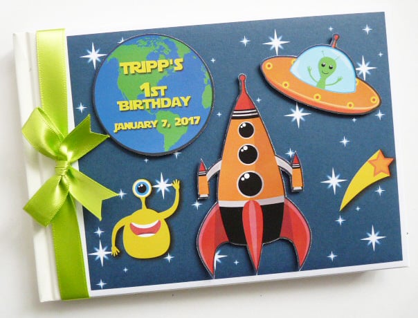 Outer Space boys birthday guest book, spaceship, astronaut guest book