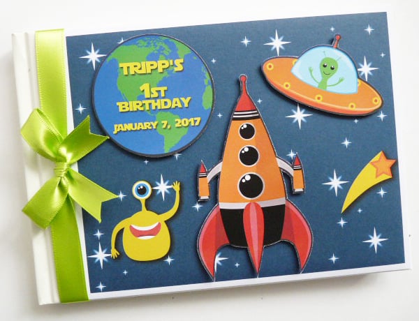 Outer Space boys birthday guest book, spaceship, astronaut guest book