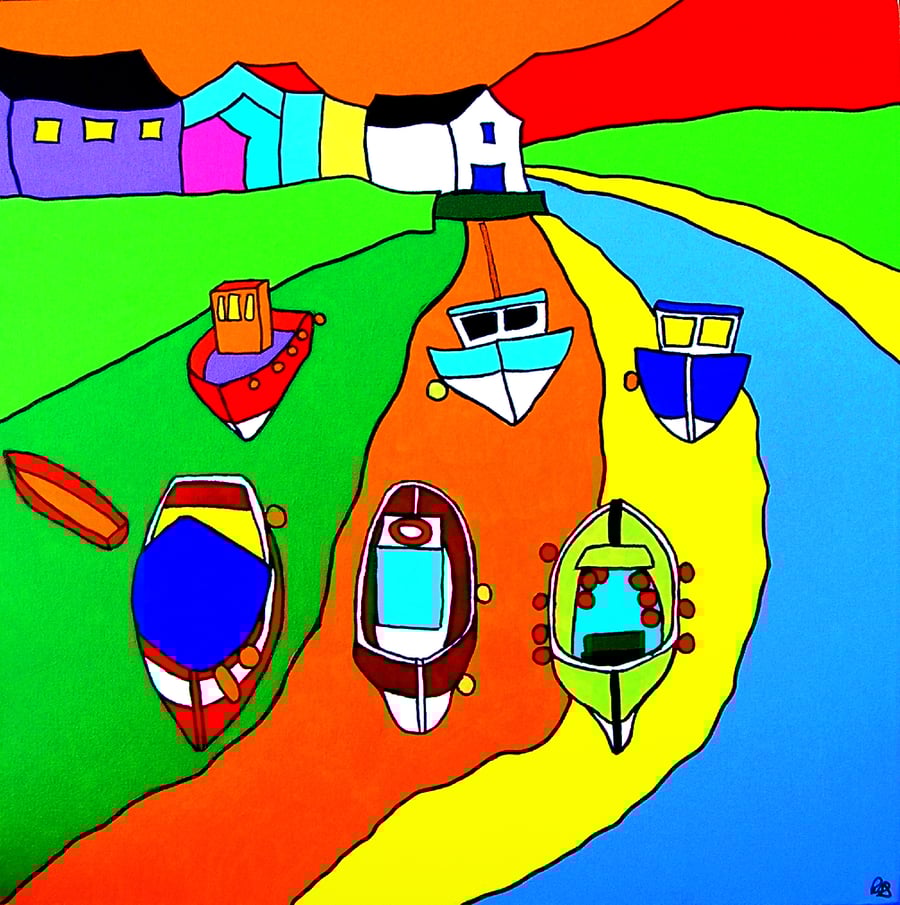Boats at Staithes - Yorkshire colourful painting by Rob Soar