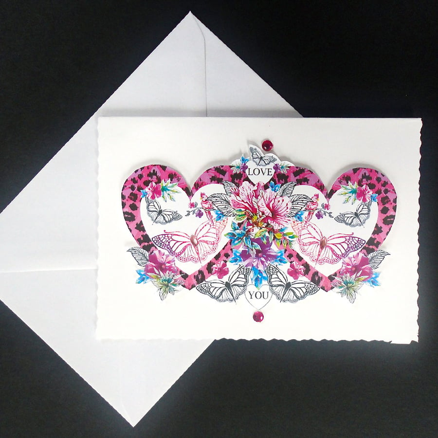 Love You -Pink Heart and Butterfly Handcrafted Card