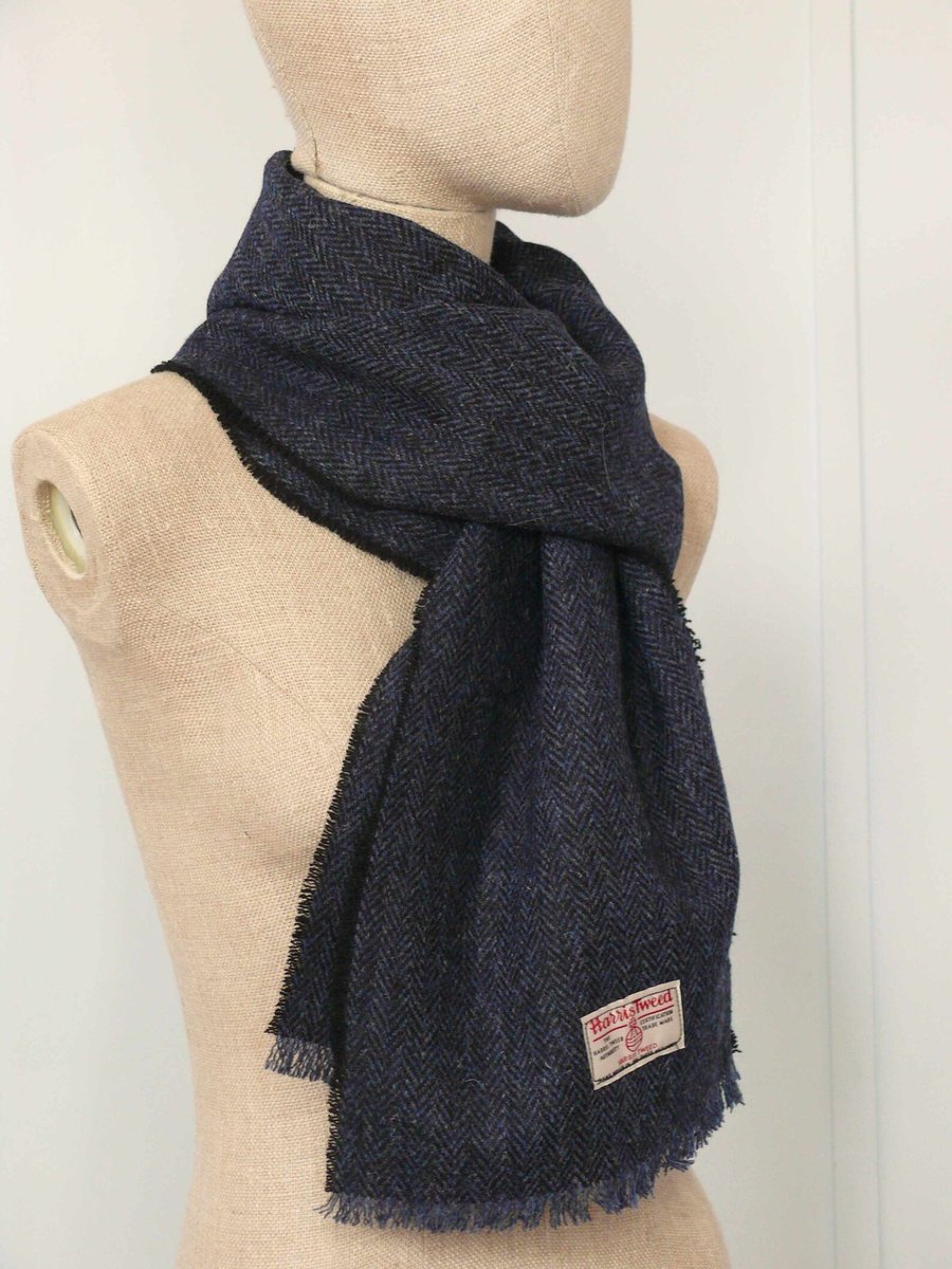 Harris Tweed Blue Black Herringbone Scarf , 200cm length by 33cm width