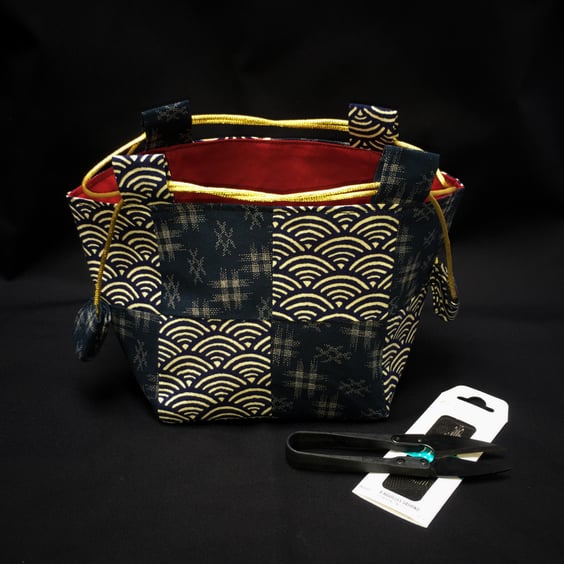 Blue and Red Patchwork Japanese Komebukuro Rice Bag, Gift Bag, Makeup Bag