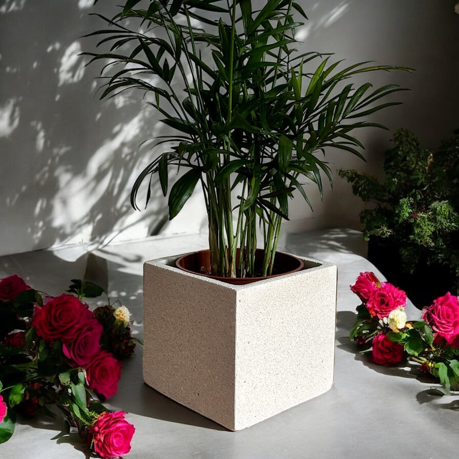 Square Concrete Plant Pot Hand Sanded Sandstone Effect  Neutral Planter (cpp3&4)