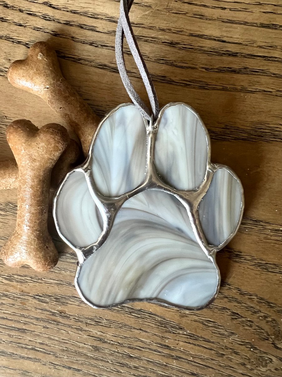 Pale coffee grey stained glass paw decoration -  dog lover gift