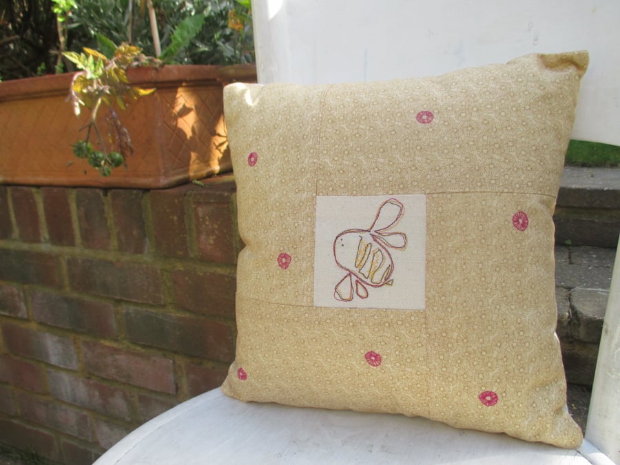 Hand embroidered bee cushion, handmade upcycled fabric gold