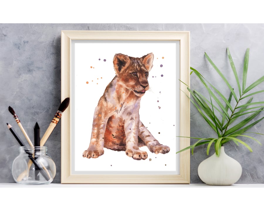 Watercolour Lion Cub Print - Art print for the wildlife lover - 8x10 inches