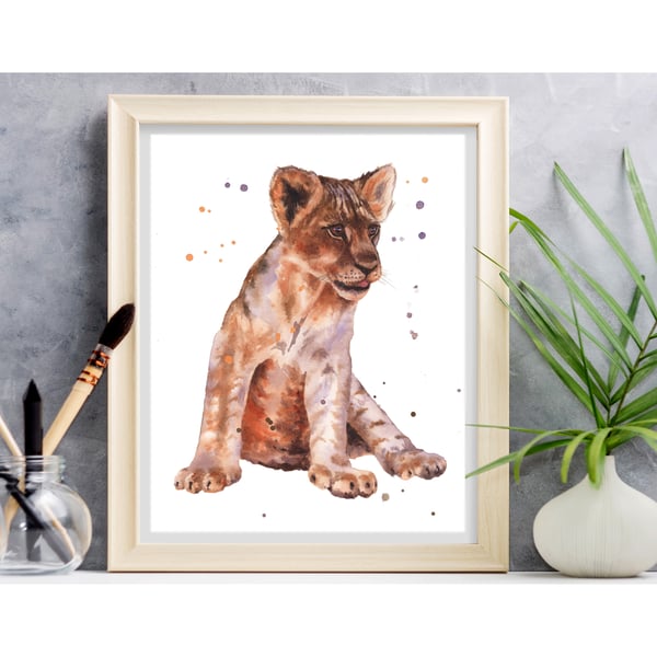 Watercolour Lion Cub Print - Art print for the wildlife lover - 8x10 inches