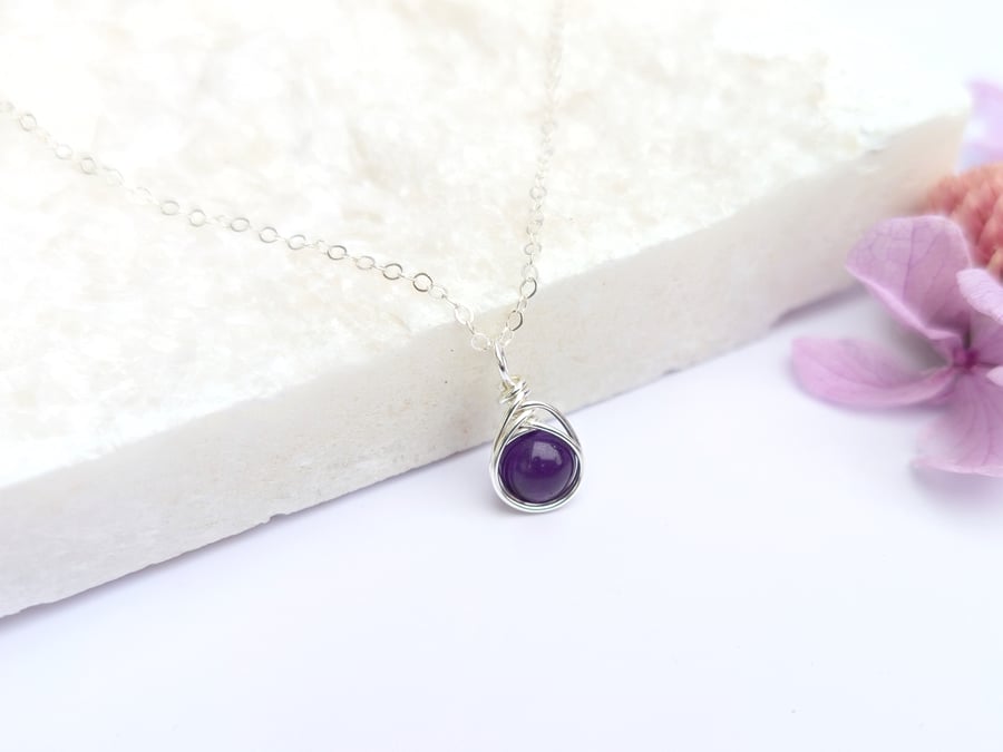 Amethyst Minimalist Dainty Sterling Silver Pendant February Birthstone