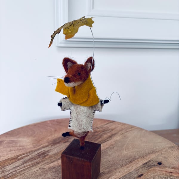 Needle felt fox with whimsical umbrella