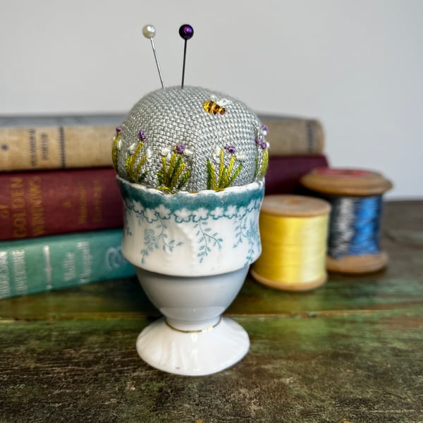 Pin Cushion in a vintage egg cup - embroidered with bee and flowers