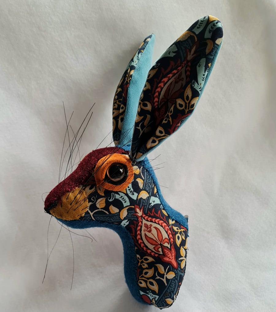 Faux hare head wall mount in William Morris fabric
