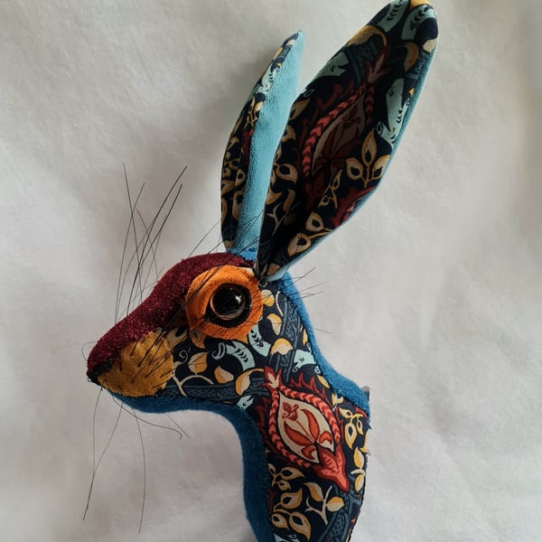 Faux hare head wall mount in William Morris fabric