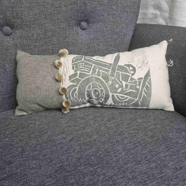 Hand Printed Tractor Cushion with Pom-poms 