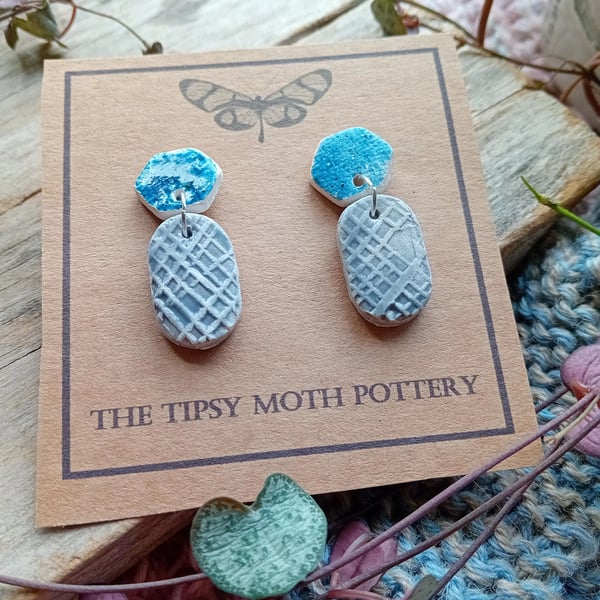 denim hex and grey check combo rustic  porcelain clay earrings surgical steel 