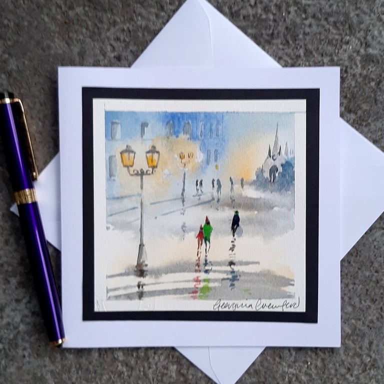 Blank Card. Rainy Lamplight. Handpainted Card Keepsake. Handmade Card