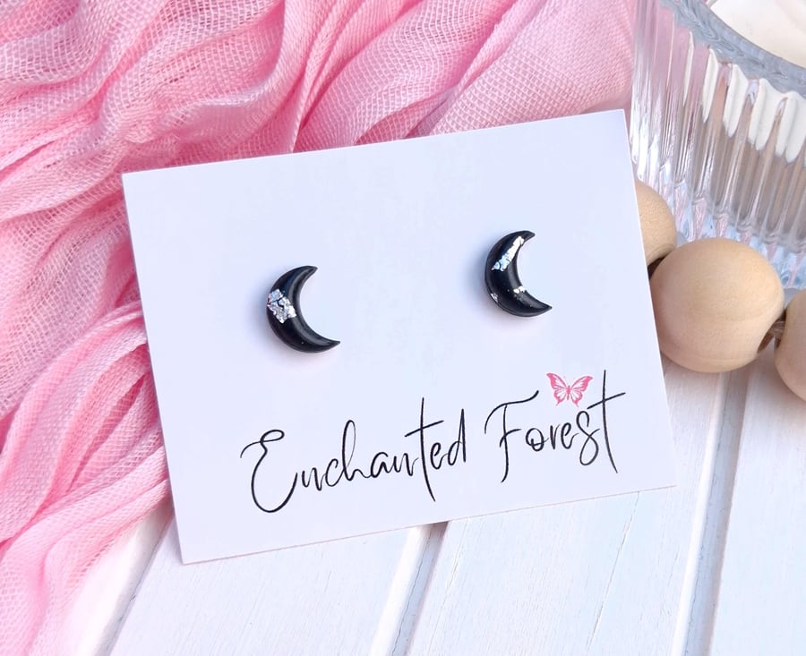 Black & Silver Moon Stud Earrings, Celestial Jewellery, Accessories & Gifts