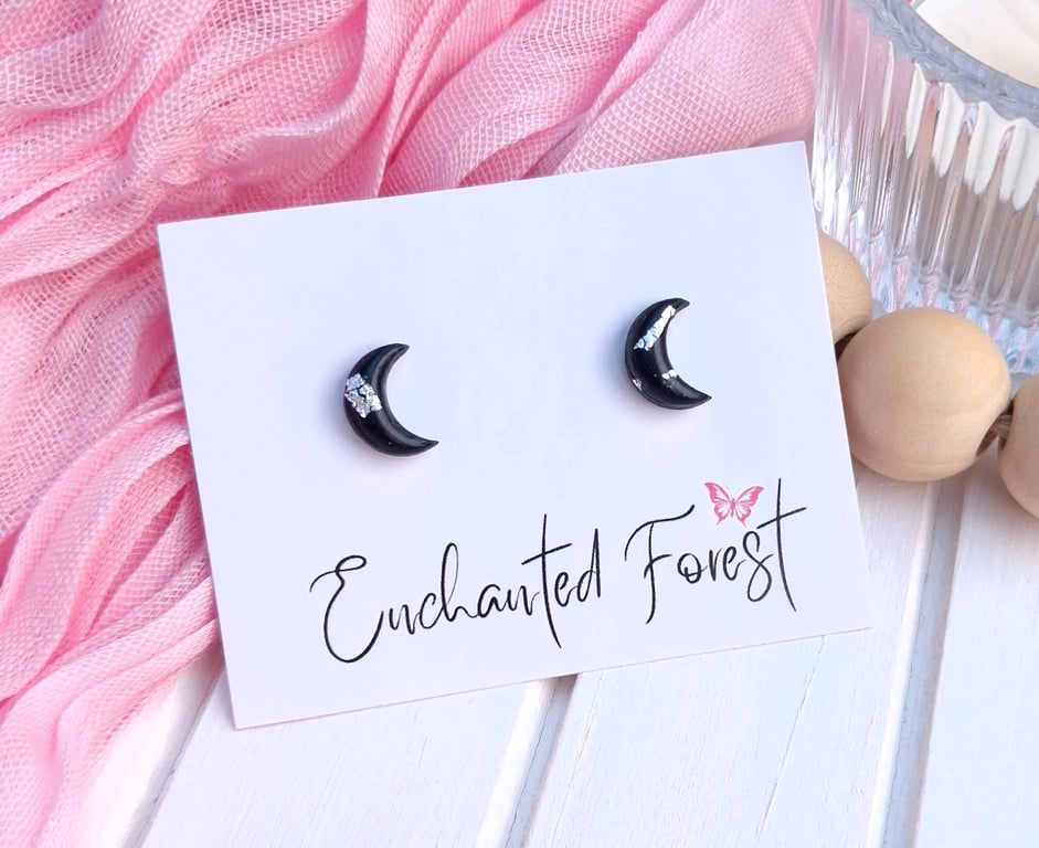 Black & Silver Moon Stud Earrings, Celestial Jewellery, Accessories & Gifts