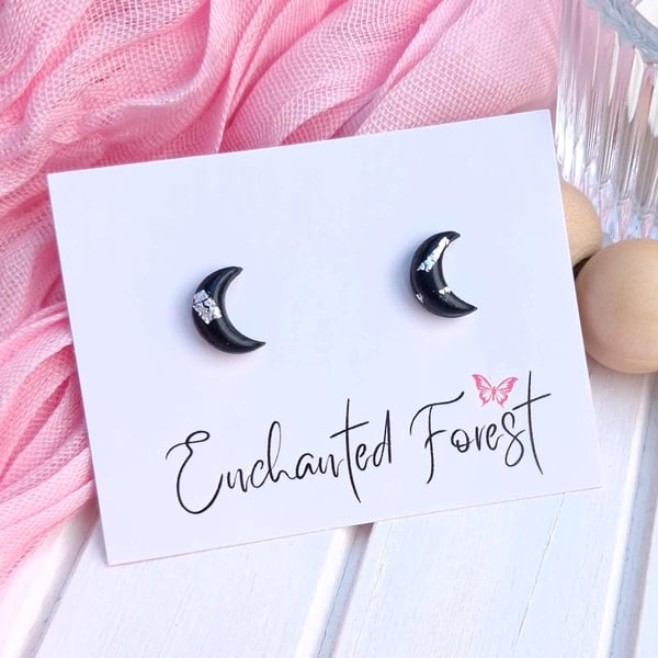 Black & Silver Moon Stud Earrings, Celestial Jewellery, Accessories & Gifts