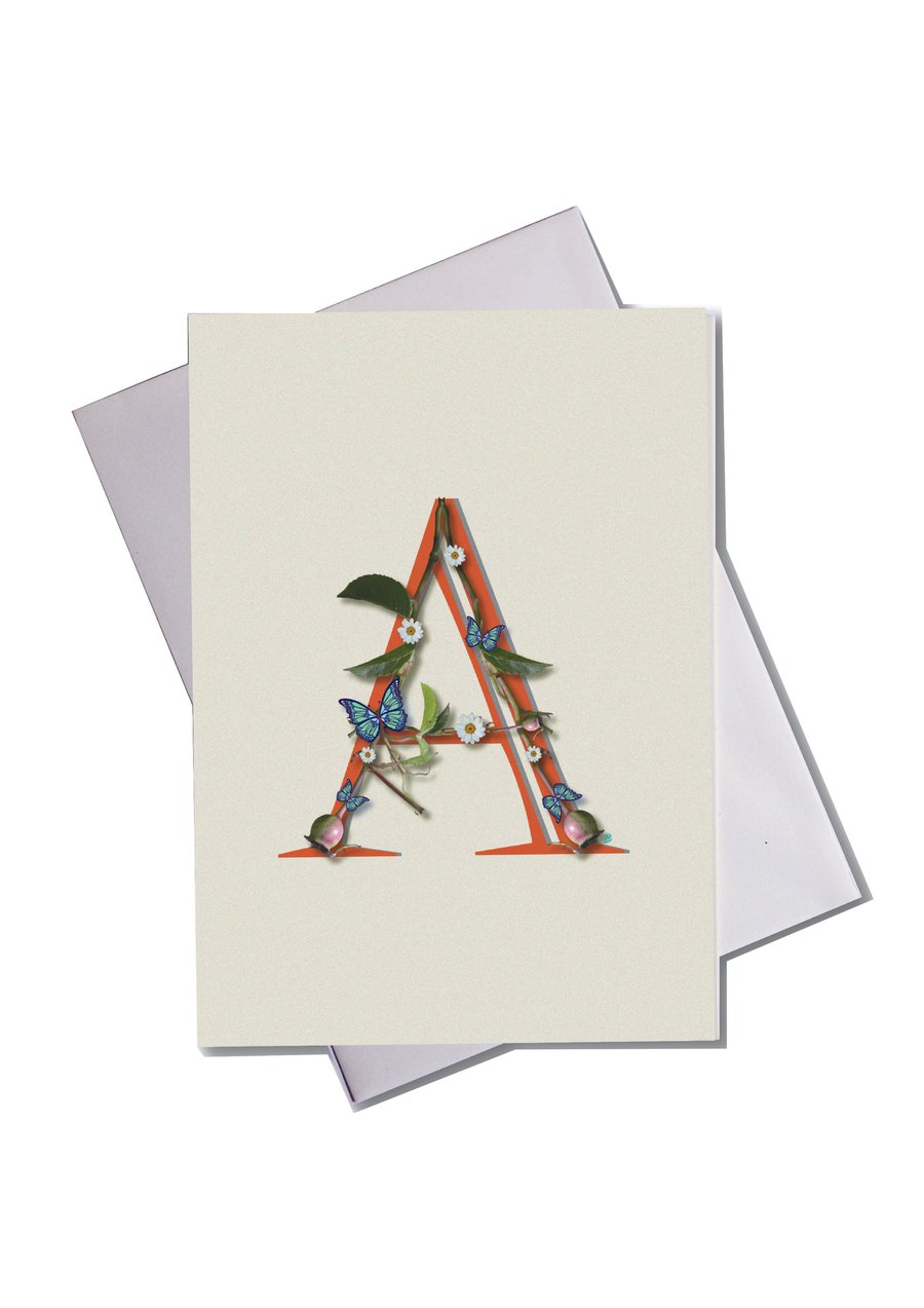 Alphabet - A - flower branch design with butterflies greeting card 