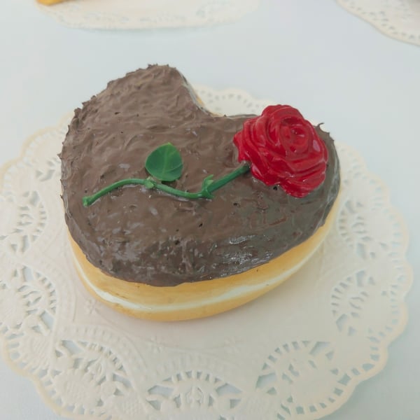 Fake Chocolate Heart Doughnut with Rose Valentines Day, Party Prop, Retail Shop,