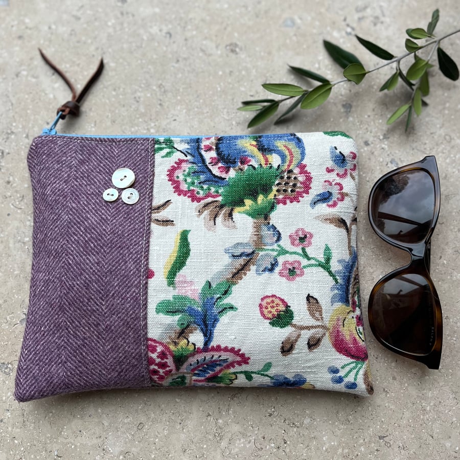 Floral linen and purple tweed pouch with shell buttons