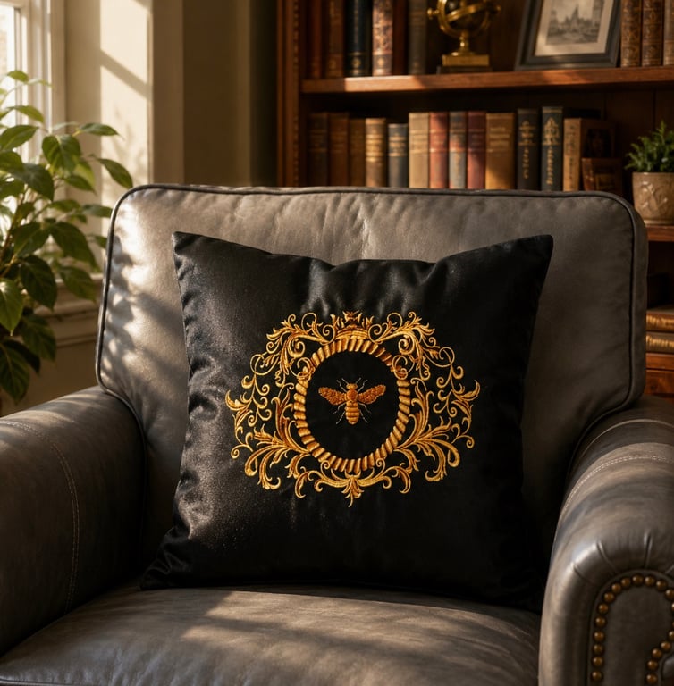 Regal Gold Bee Embroidered Cushion BLACK Cover Gift Idea 
