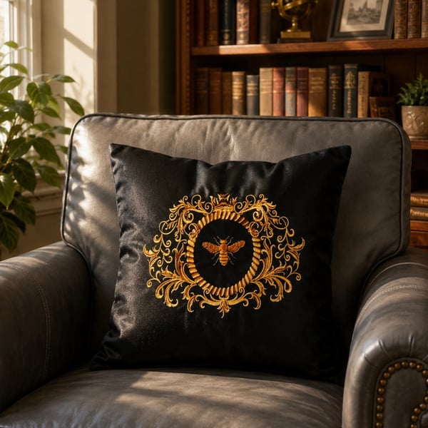 Regal Gold Bee Embroidered Cushion BLACK Cover Gift Idea 