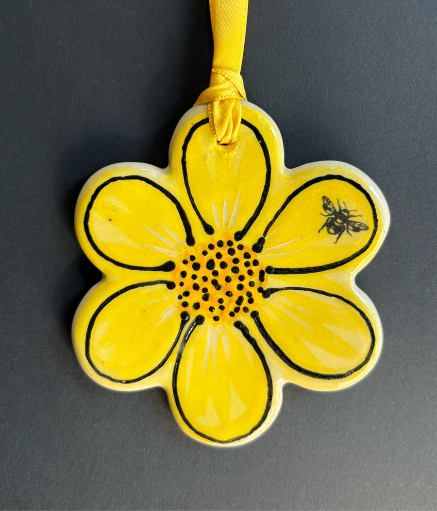 Hand-painted Ceramic Hanging Decoration - Sunny Yellow Flower with Bee