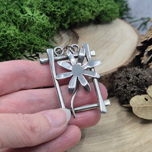 Sterling Silver Single Flower Necklace - Statement One of Kind (Hallmarked) 007