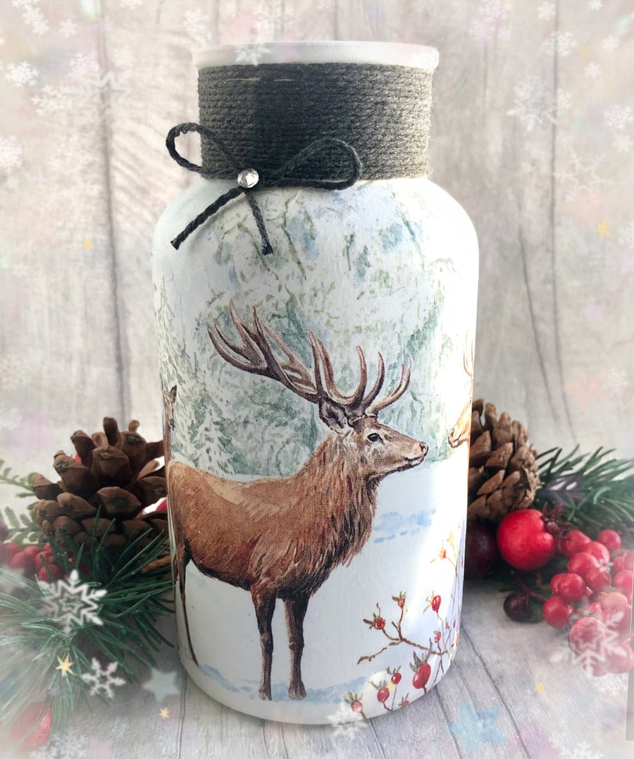 Stag and deer decoupaged glass Christmas vase