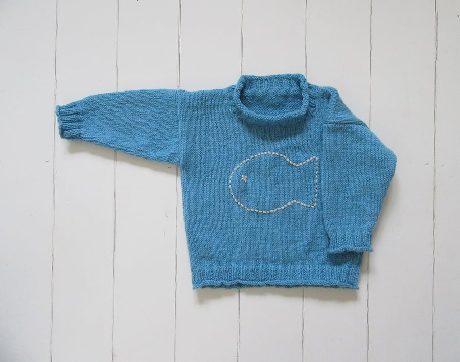 Blue hand knitted Big Fish Boys Jumper 2yrs